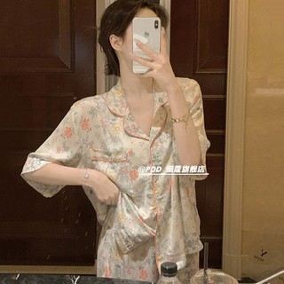 Bộ đồ ngủ FDS vải lụa lạnh gồm áo ngắn tay và quần short in họa tiết hoa phong cách Hàn Quốc thời trang mùa hè cho nữ