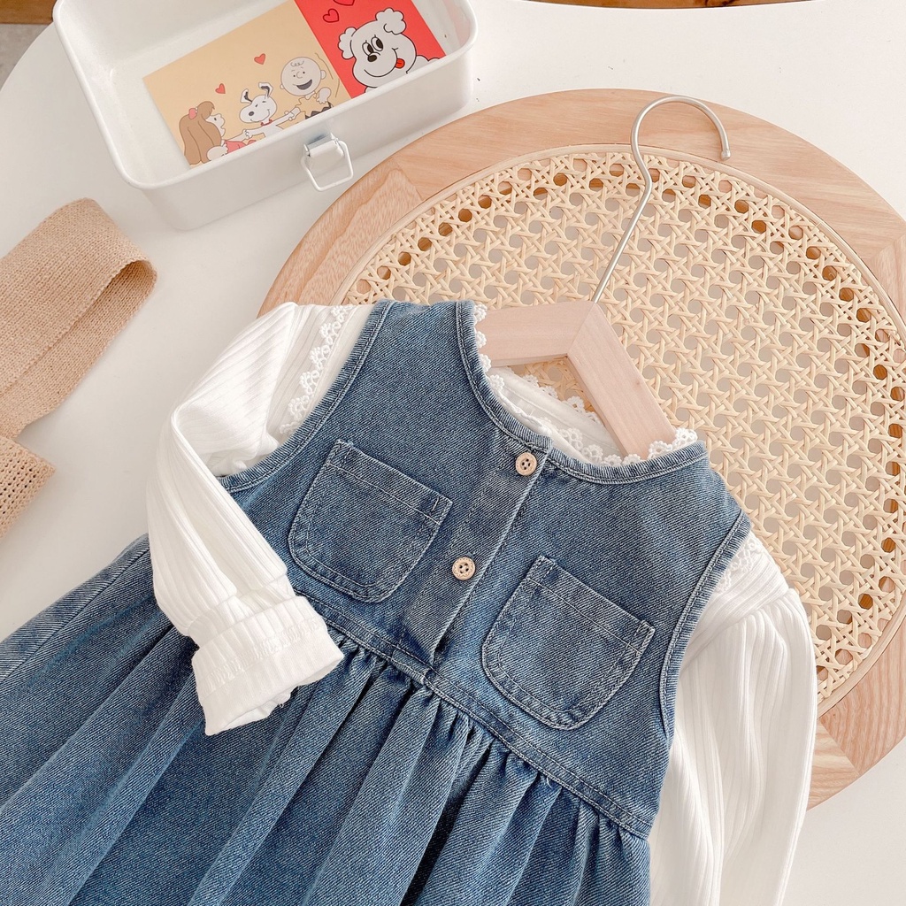 Đầm denim Tay Dài Mềm Mại Phong Cách Hàn Quốc Cho Bé Gái 0-6 Tuổi