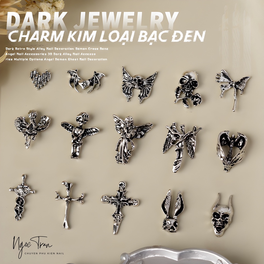 Charm Kim Loại Bạc Đen Thánh Giá Huyền Bí | Trang Trí Móng Tay 4F