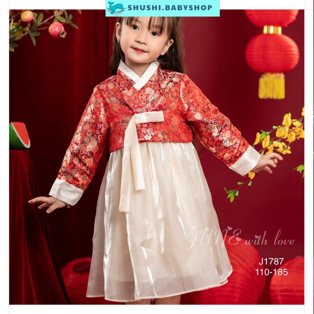 Set Hanbok bé gái kiểu Hàn quốc gấm đỏ kèm váy tơ xinh xắn dễ thương