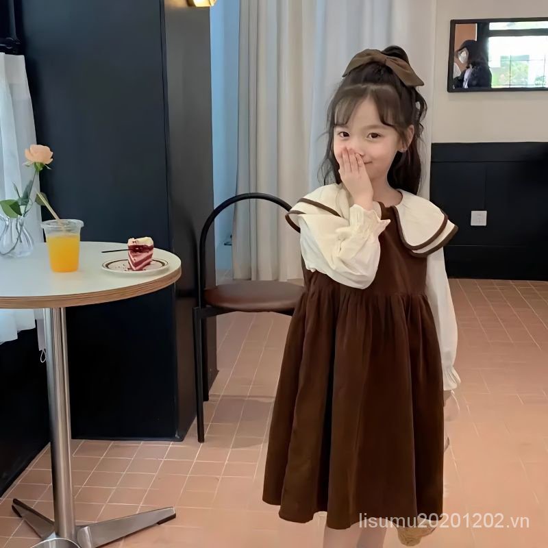 Đầm Tay Loe Phối Màu Tương Phản Dễ Thương Phong Cách Hàn Quốc Thời Trang Thu Đông Cho Bé Gái