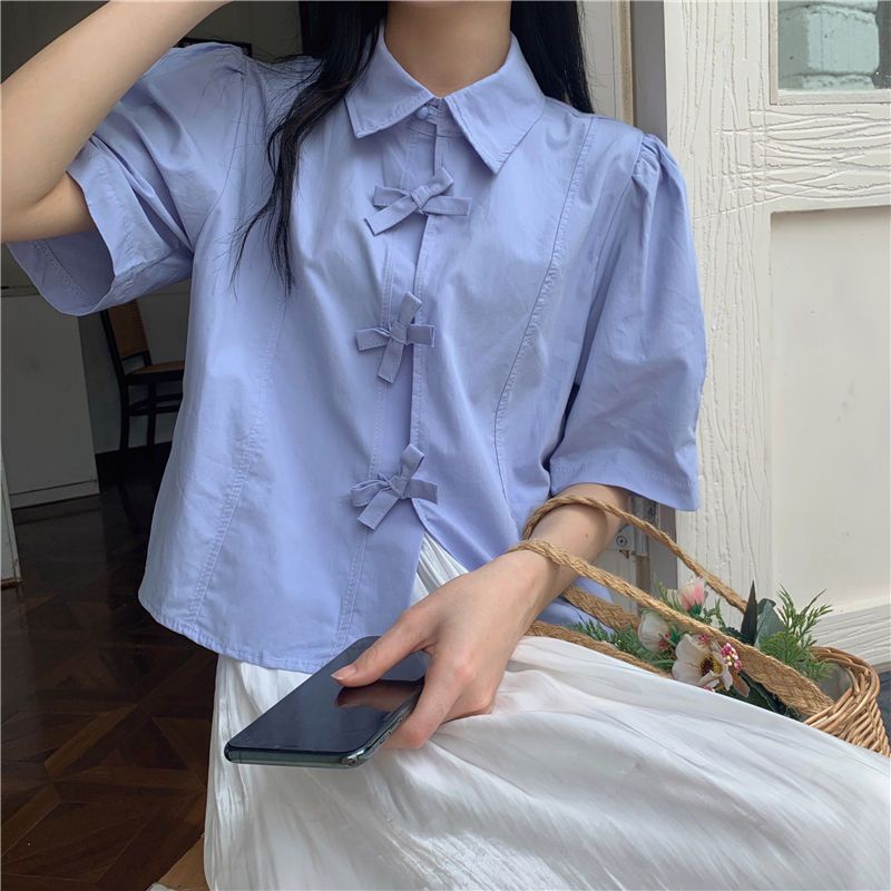 Áo Sơ Mi Tay Ngắn Phồng Cột Dây Kiểu vintage Hàn Quốc Thời Trang Cho Nữ