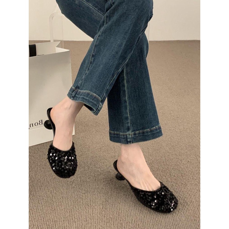 Dép Cao Gót Mũi Tròn Đính Kim Sa Thời Trang Cho Nữ Size 35-40