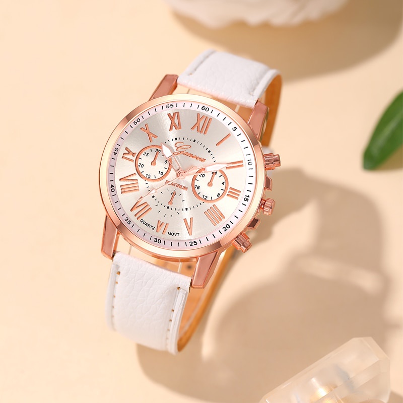 6-piece women watch set vòng cổ bông tai và vòng tay bộ thời trang doanh nhân phụ nữ đơn giản đồng hồ thạch anh da trắng