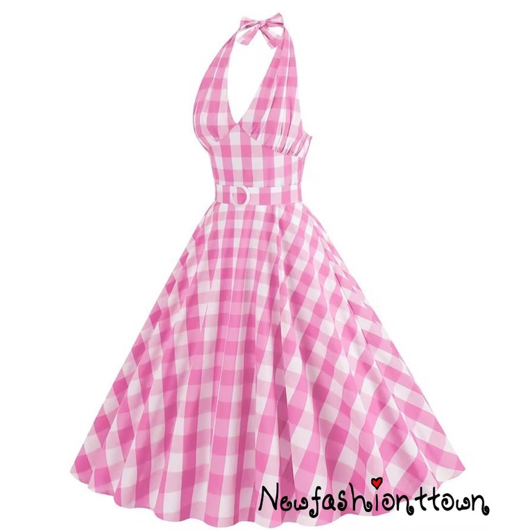 Nfashion-women ́s dễ thương barbie màu hồng kẻ sọc dây cổ váy midi ôm vừa vặn