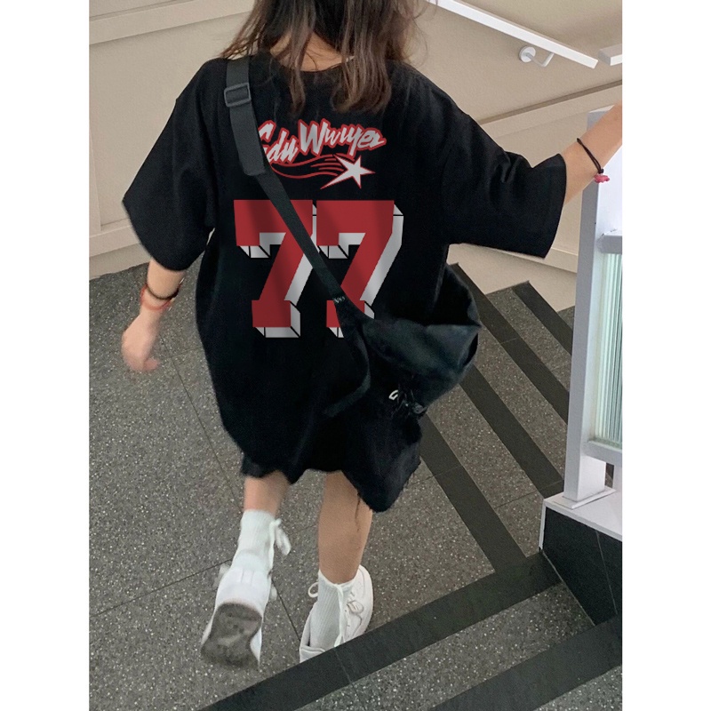 Áo thun FASHMILY 100% cotton dáng rộng tay ngắn họa tiết 77 phong cách Hàn Quốc thời trang mùa hè dành cho nữ