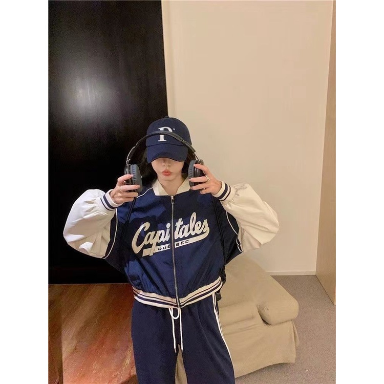 Áo Khoác Bóng Chày Tay Dài Có Khóa Kéo Màu Sắc Tương Phản Phong Cách Retro Mỹ 2023 Cho Nữ