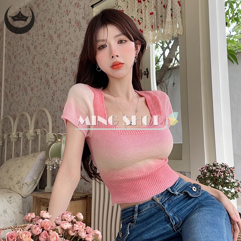 Ming summer gradient color knitted t-shirt phụ nữ cổ áo vuông ngắn tay áo mỏng crop top th