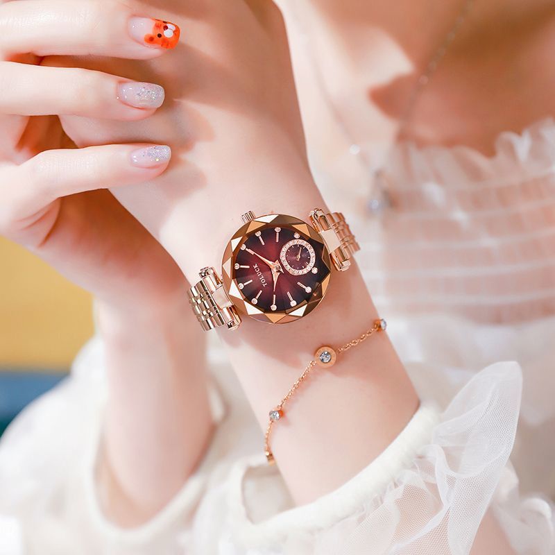 Yp. Đồng Hồ Nữ Dây Thép Đính Kim Cương Nhân Tạo Chống Nước Thời Trang