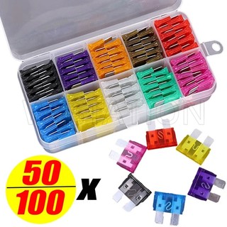 Bộ cầu chì ô tô 50/100 cái với hộp / bộ phân loại cầu chì kích thước trung bình / 2/3/5 / 7.5 / 10/15/25/30 / 35a cầu chì loại lưỡi / kẹp cầu chì kẽm tiêu chuẩn / phụ kiện thuyền xe tải ô tô