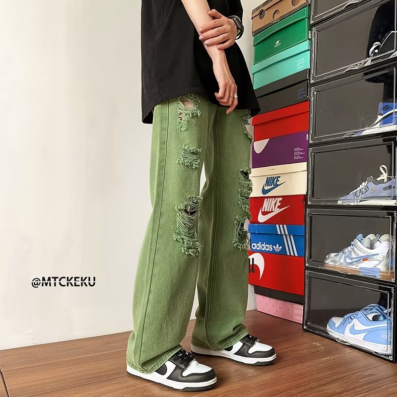 Phong cách vintage| Quần jean nam với thiết kế màu xanh lá cây, cảm giác sang trọng, viền thô, lỗ, quần ống thẳng đường phố cao cấp, vải chất lượng cao