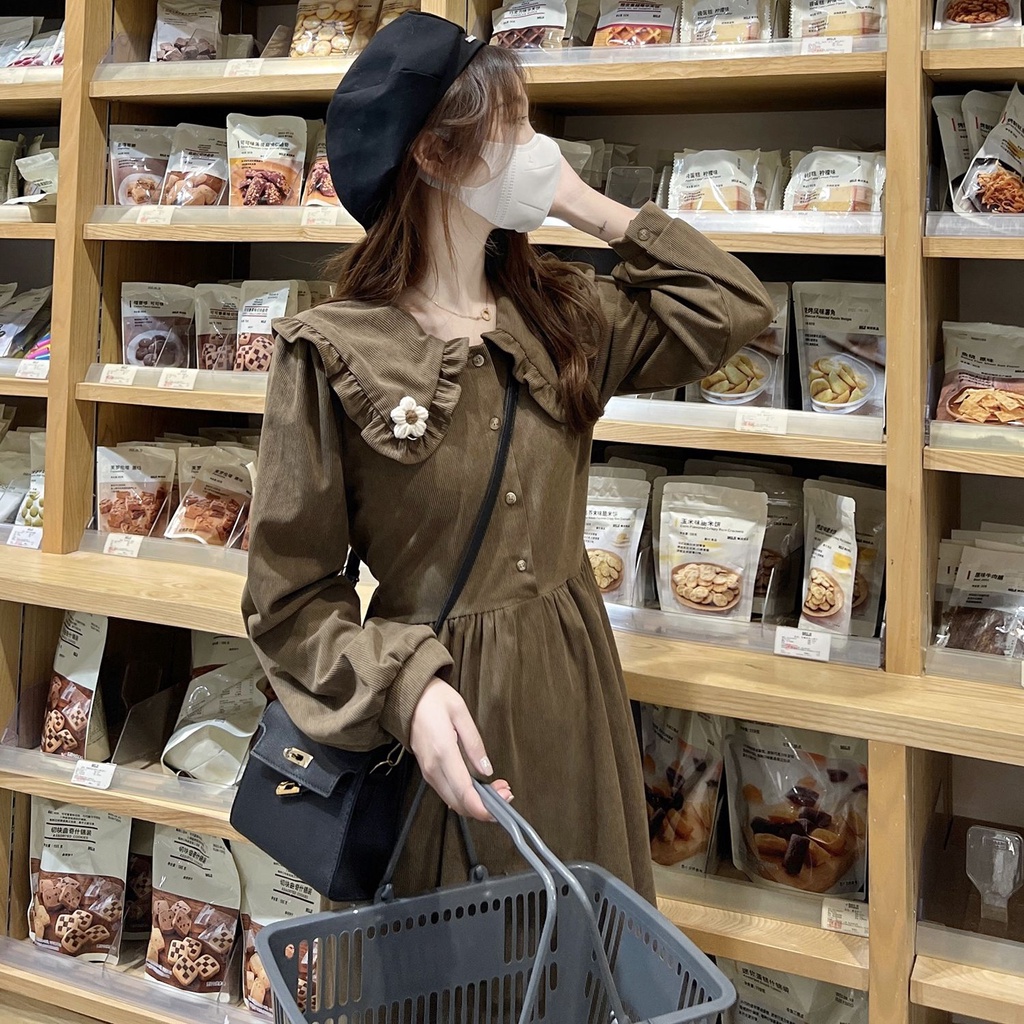 Đầm Nữ Tay Dài Cổ Búp Bê Phong Cách Hàn Quốc