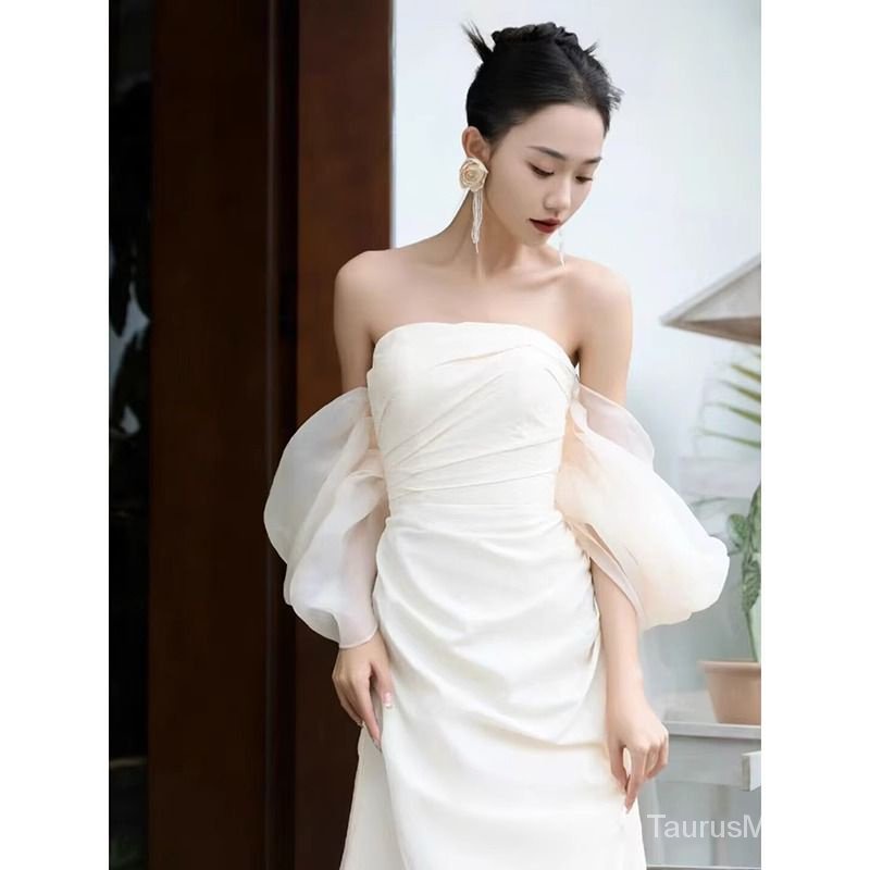 Classy super fairy one-shoulder evening dress dress cô dâu wedding dress robe high-end niche photo studio travel shooting korean light wedding dress