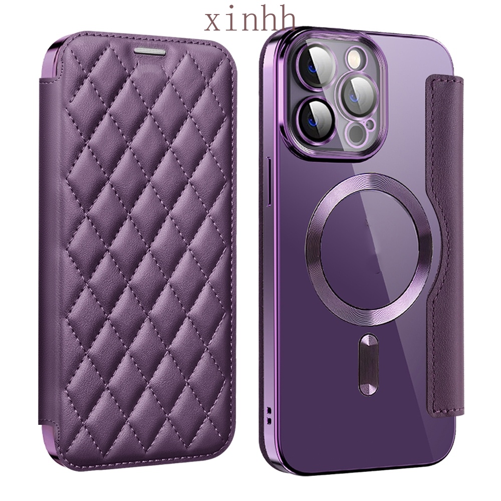 Ốp Điện Thoại Kẻ Sọc Chất Lượng Cao Cho IPhone 16 15 14 Plus 13 12 11 Pro Max Mạ Điện Từ Flip Cover Vỏ Da Có Vỏ Thẻ Trong Suốt Chống Rơi