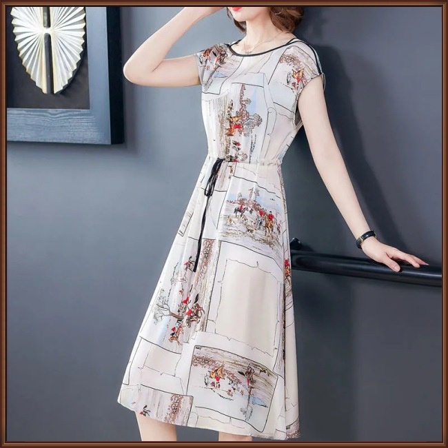 Đầm Chữ A Tay Ngắn Cổ Tròn Cột Dây In Họa Tiết Tinh Tế Thời Trang Cho Nữ