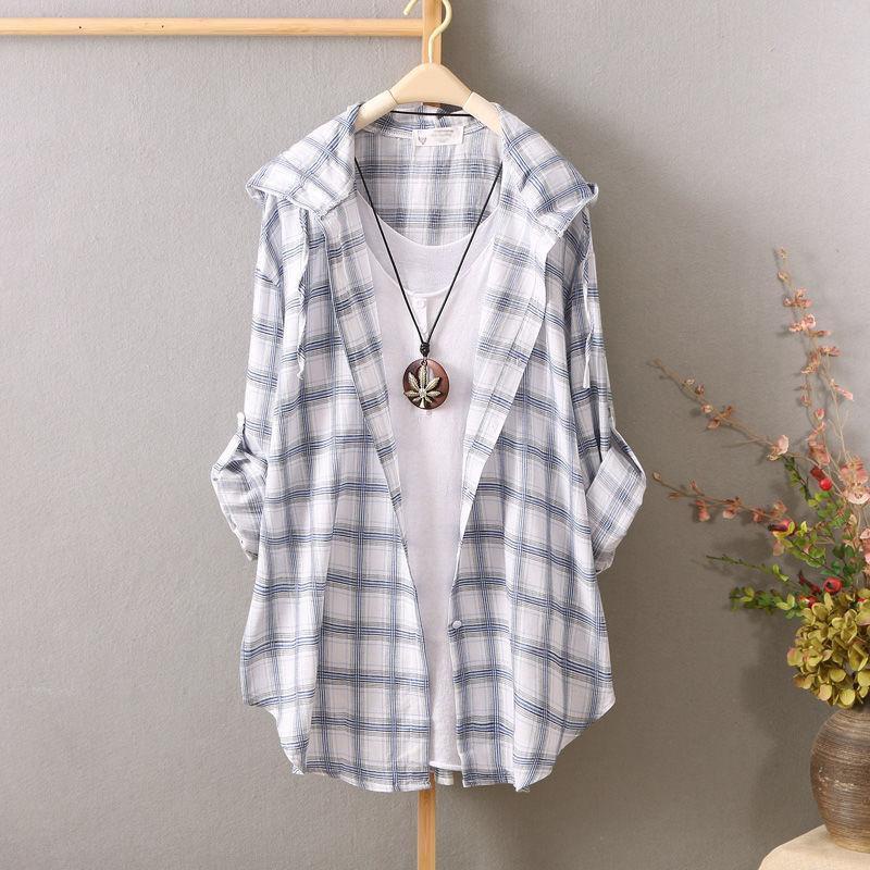 Áo Sơ Mi Khoác Ngoài Tay Dài Có Nón Bằng Vải Cotton Mỏng Họa Tiết Kẻ Ô Mẫu Mới 2022 Dành Cho Bạn Nữ