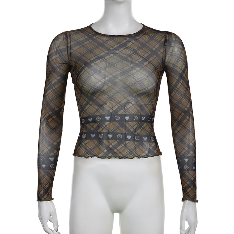 DUNEA Áo Thun Tay Dài Phối Lưới Xuyên Thấu In Họa Tiết Ca Rô Y2K Dành Cho Nữ