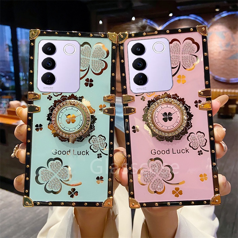 Ốp Điện Thoại Hình Cỏ Ba Lá Đính Đá Gắn Nhẫn Đỡ Chống Sốc Vivo V27e V27 Pro VivoV27e VivoV27 V27Pro 5G