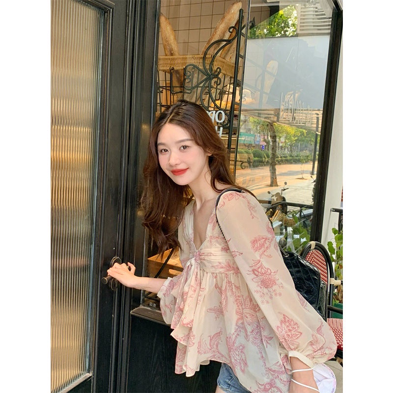 [Hàng Có Sẵn] Áo Kiểu In Hoa Phối Ren Màu Hồng Buộc Dây Eo Phong Cách Hàn Quốc Cho Nữ
