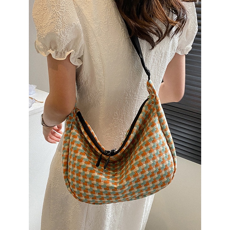 Fancy Túi vải Nhỏ Nhắn Họa Tiết Ca Rô Màu Xanh Dương Phối Dây Xích Đeo Dưới Cánh Tay Cho Nữ