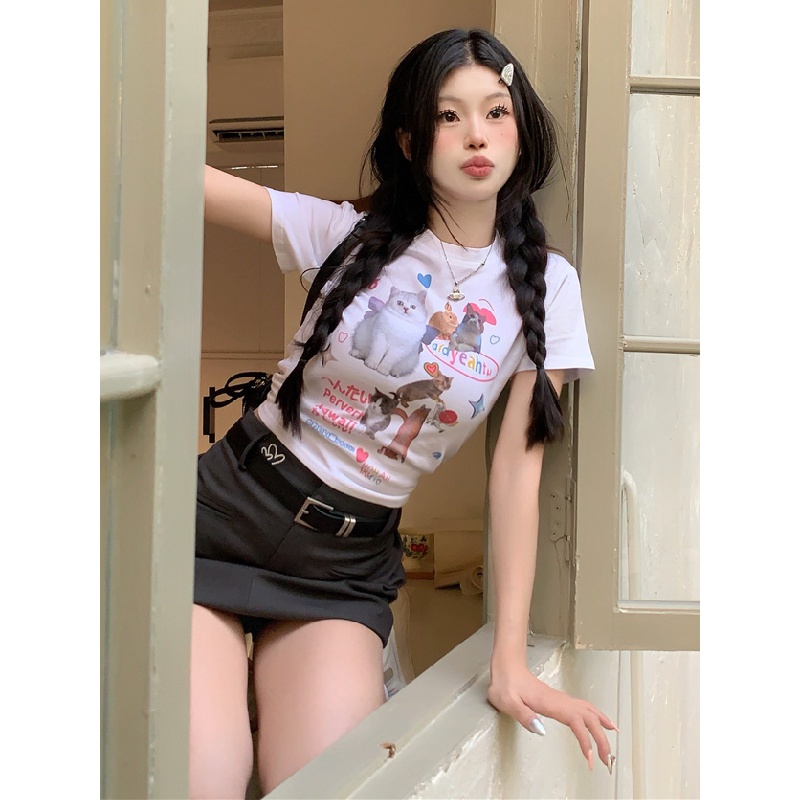 Áo thun áo phông Áo Thun Tay Ngắn In Hình Mèo Dễ Thương Thời Trang Mùa Hè Cho Nữ