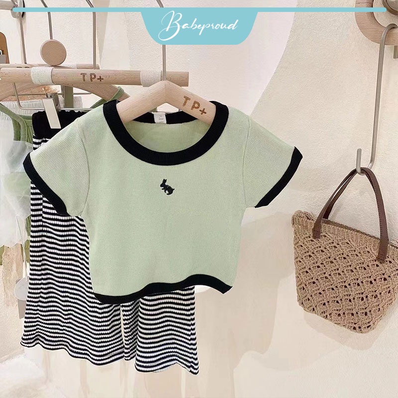 BABEPROUD Bộ Áo Màu Trơn + Quần Ống Rộng Họa Tiết Kẻ Sọc Thời Trang Mùa Hè Hàn Quốc Cho Bé Gái 1-7 Tuổi