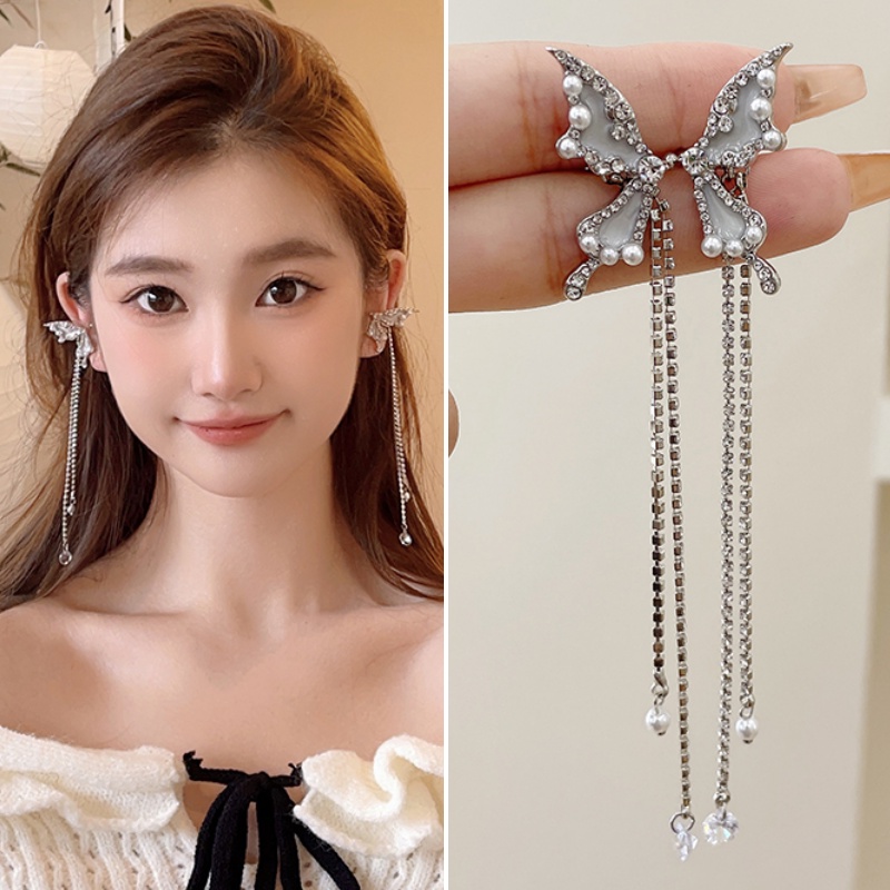 Bông Tai Bạc Dáng Dài Đính Ngọc Trai Hình Cánh Bướm Thời Trang Cho Nữ