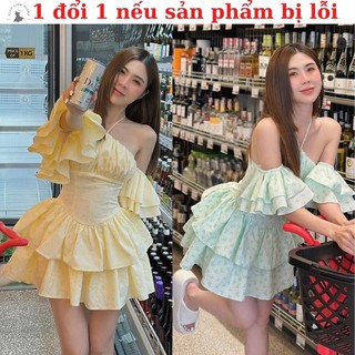 [Ảnh thật] Đầm yếm trễ vai tay ngắn xòe hàng may 2 lớp dài trên gối xếp tầng họa tiết hình trái tim