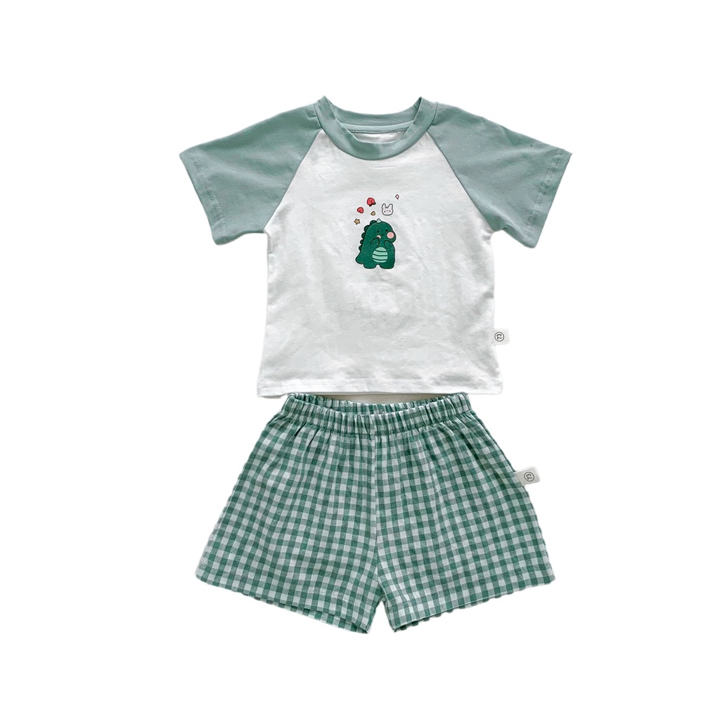 Bộ Áo Thun Ngắn Tay In Hoạt Hình + Quần Short Kẻ Sọc Thời Trang Mùa Hè Cho Bé