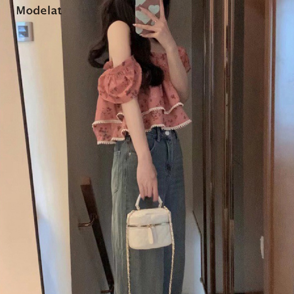 Áo Croptop Cổ Vuông Tay Cánh Bướm In Họa Tiết Hoa Thời Trang Mùa Hè Xinh Xắn Cho Nữ