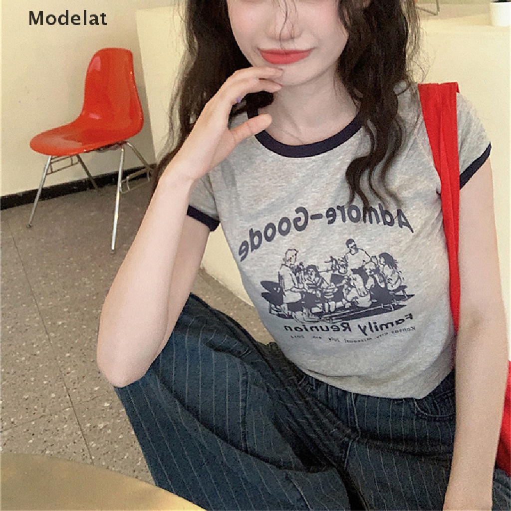 Áo thun croptop GJCUTE cổ tròn tay ngắn in họa tiết độc đáo