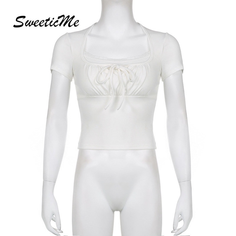 Áo Thun Tay Ngắn Cổ Vuông Phối Ren Thời Trang 2023 Cho Nữ