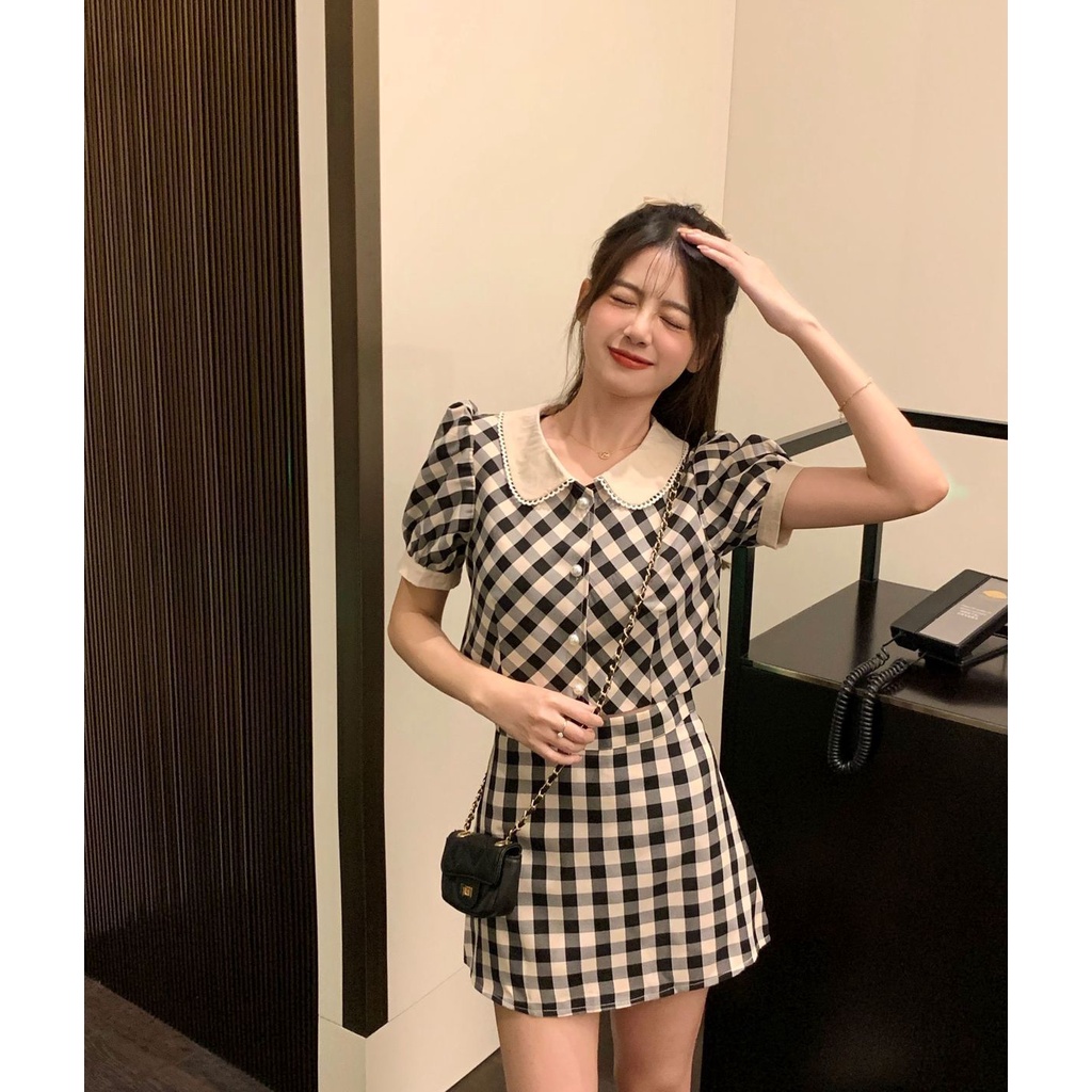 Bộ Áo Ngắn Tay Cổ Peter Pan + Chân Váy Lưng Cao Thời Trang Retro Hong Kong 2023