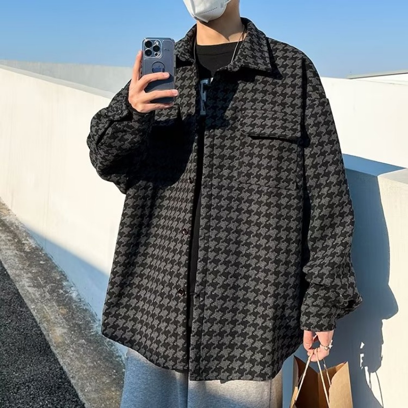 Áo Khoác Sơ Mi Nam Dài Tay Dáng Rộng Họa Tiết Caro Phong Cách Retro