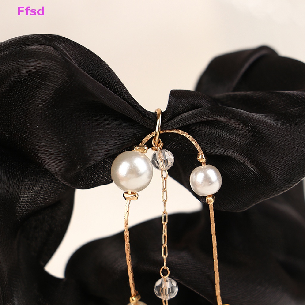 {Ffsd} Dây Buộc Tóc Chiffon Bản Lớn Đính Đá Ngọc Trai Phối Tua Rua Cho Nữ Bán Chạy