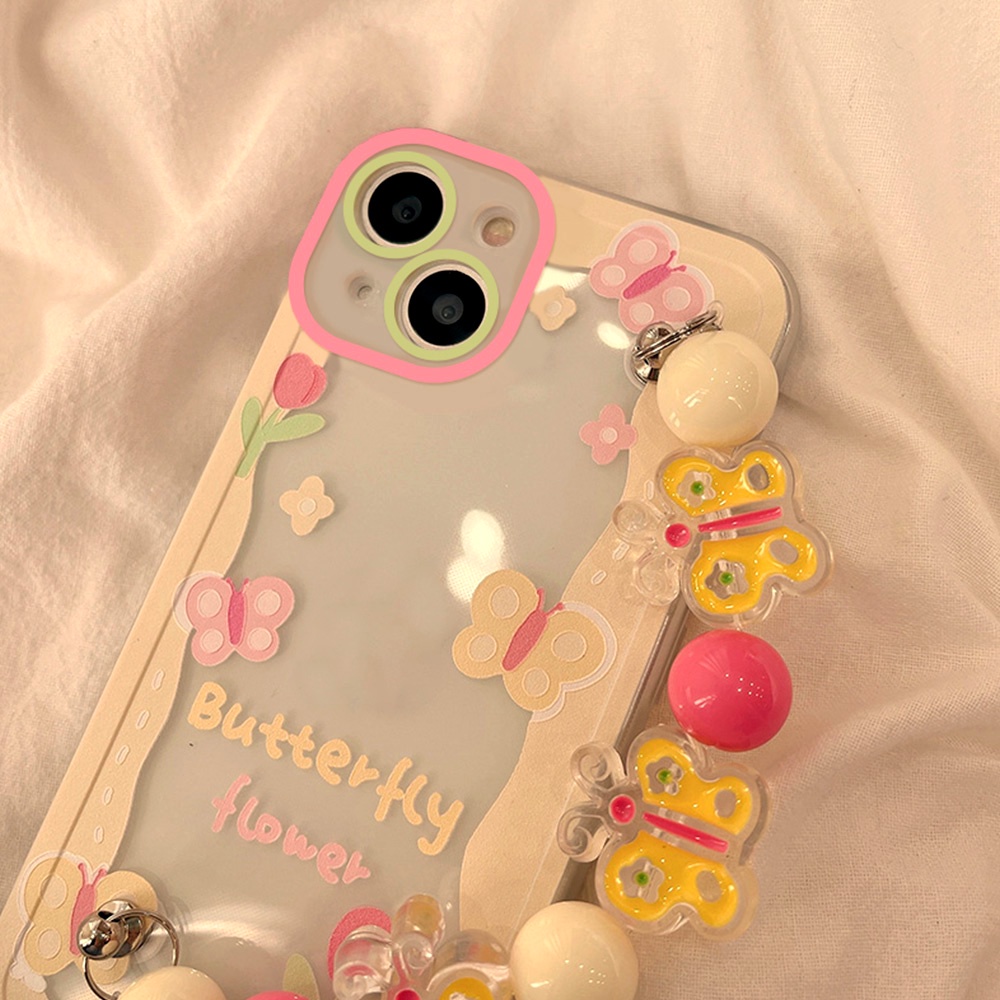 Ốp Điện Thoại TPU Dẻo Họa Tiết Bươm Bướm Màu Hồng Dễ Thương Chống Sốc Kèm Vòng Đeo Tay Cho IPhone 11 12 13 14 Pro Max