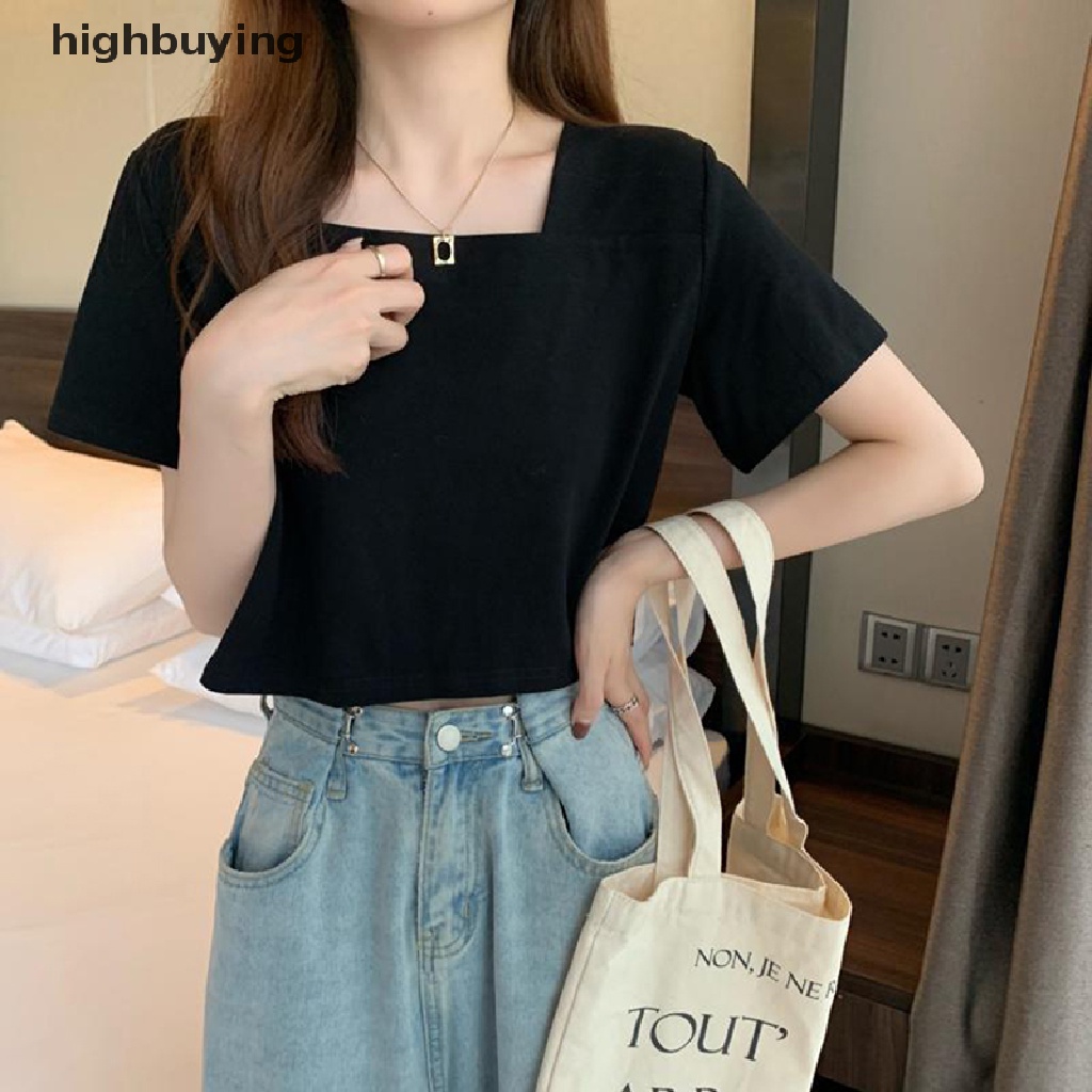 Áo Thun Lửng Cổ Vuông Tay Ngắn Màu Sắc Đơn Giản Cho Nữ