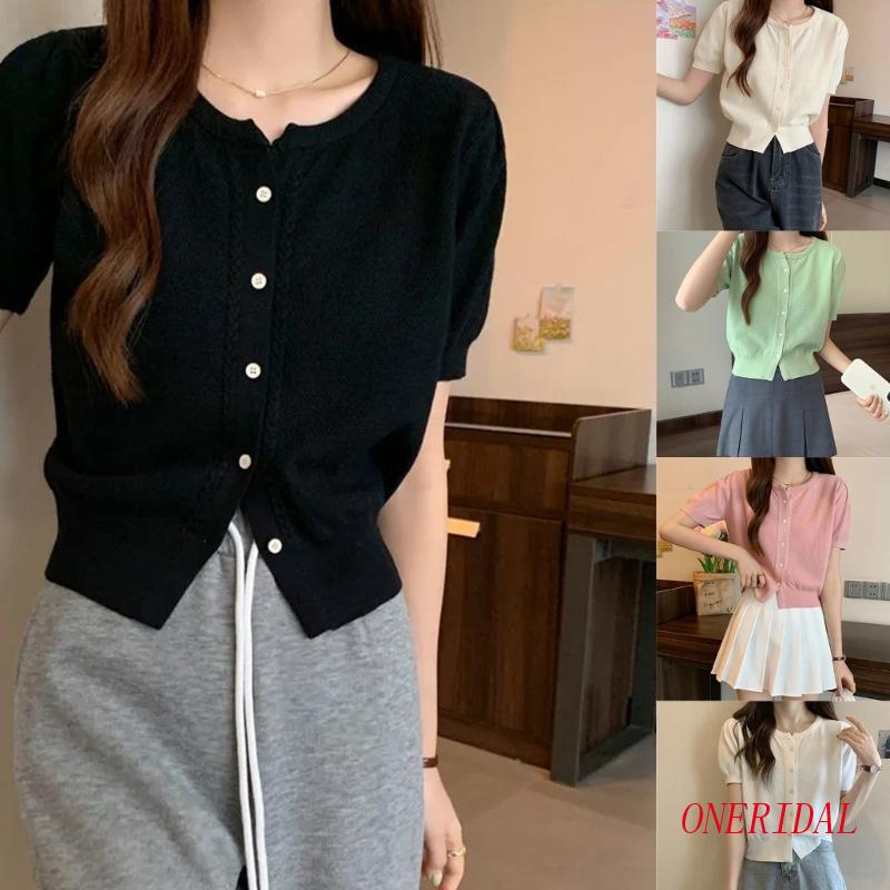 Áo Cardigan Dệt Kim Tay Ngắn Cổ Tròn Mềm Mại Màu Trơn Dành Cho Nữ