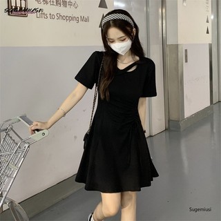 SUGEMIUSI  Đầm Đen Dáng Chữ a Nhấn Eo Nhỏ Phong Cách Mới Mùa Hè Sành Điệu Cho Nữ
