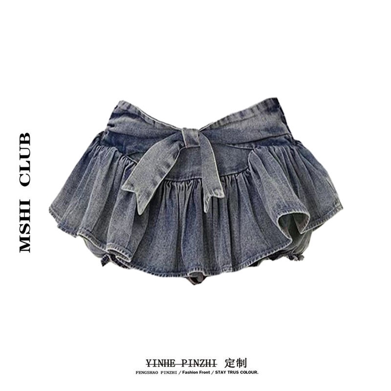 Chân Váy Denim Ngắn Chữ A Lưng Cao Đính Nơ Phong Cách Mới Cho Nữ