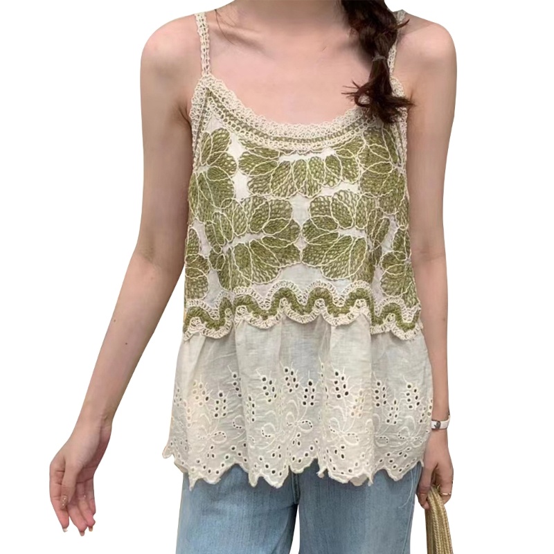 Brroa Áo Tank Top Cổ Tròn Viền Ren Thêu Hoa Khoét Rỗng Mặc Khi Đi Du Lịch