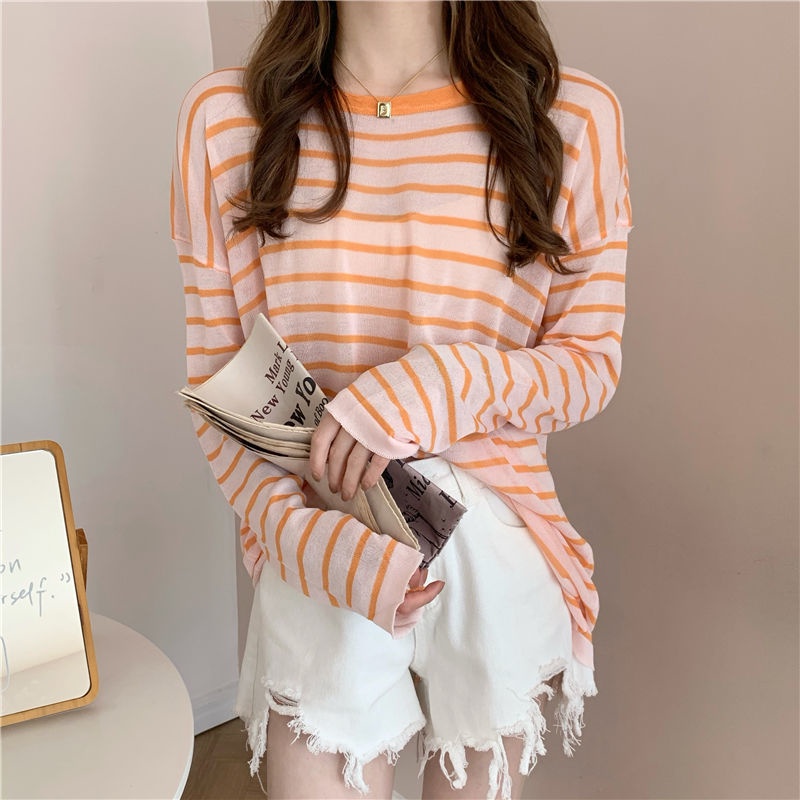 Áo Thun Mỏng Dáng Rộng Họa Tiết Kẻ Sọc Phong Cách Hàn Quốc Thời Trang Mùa Hè Mới 2023 Dành Cho Bạn Nữ