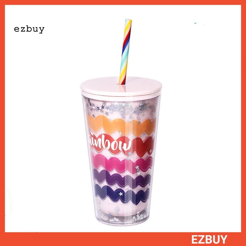 Bình Uống Nước 600ML Bằng Nhựa Hai Lớp In Họa Tiết Lượn Sóng Màu Cầu Vồng Cho Bé