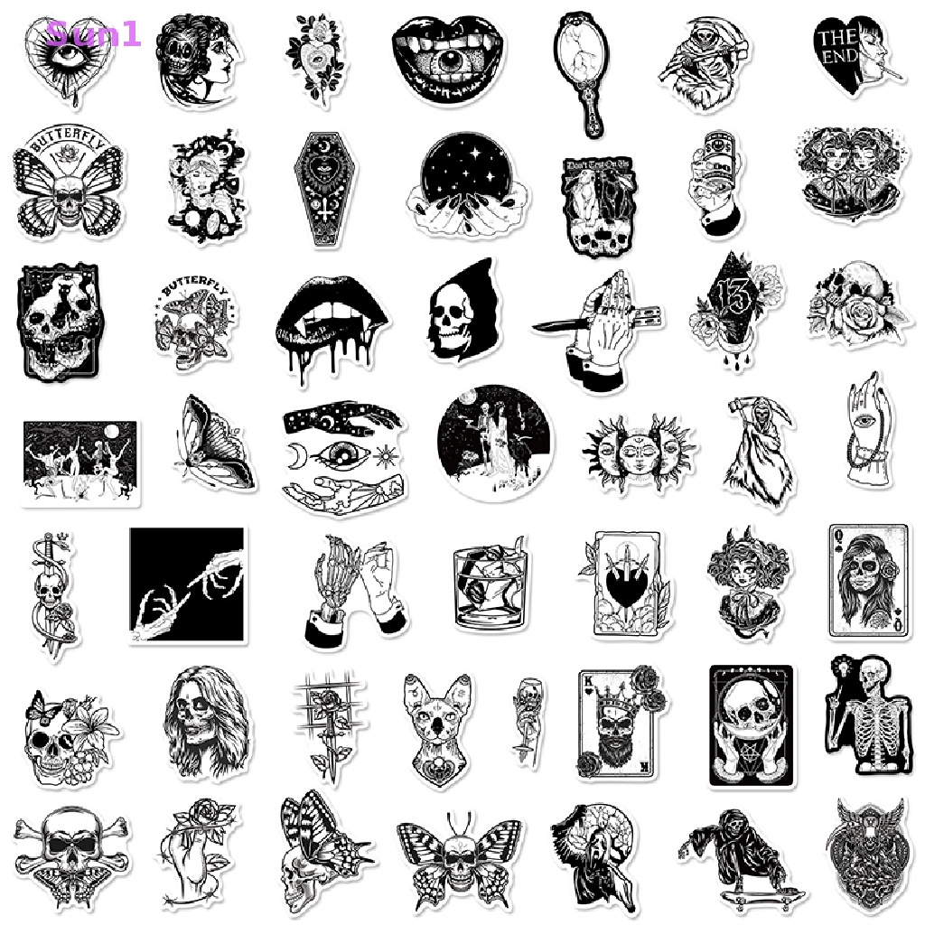 Set 50 Sticker Màu Trắng Đen Phong Cách Gothic Dùng Để Trang Trí Ván Trượt