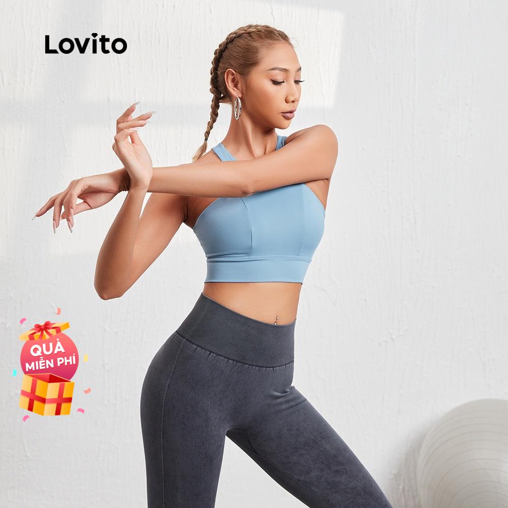 Áo bra thể thao Lovito màu trơn đơn giản thiết kế lưng đẹp nhanh khô L08069 (Màu xanh dương nhạt)