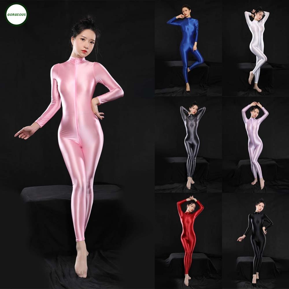 GORGEOUS~Womens Long Sleeve Zip-up Bodysuit Tights Glossy Bodystockings Jumpsuit oily
