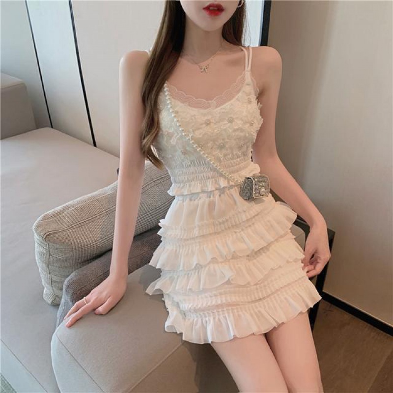 New lace pleated suspender wooden ear cake chiffon skirt beaded three-dimensional vest two-piece set high waist half-length women's skirt set