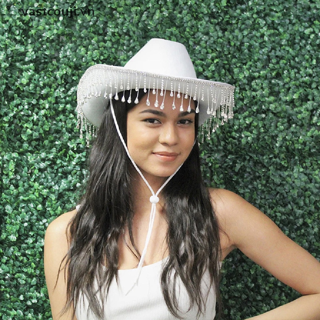 Mũ Cao Bồi Màu Trơn Đính Đá Phối Dây Rút Thời Trang Cho Nữ