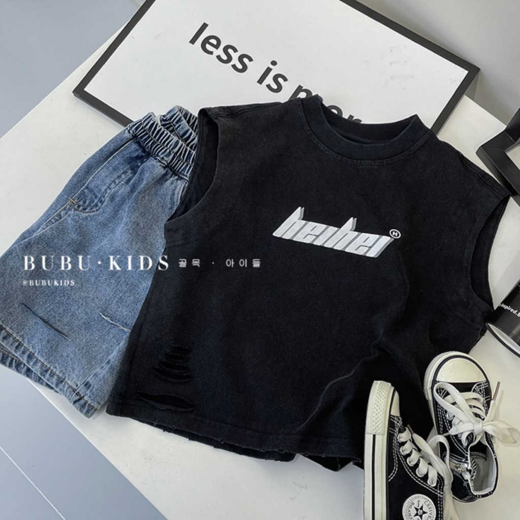 Bộ Áo Sát Nách Cổ Tròn In Chữ + Quần Short Denim Phong Cách Hàn Quốc Thời Trang Mùa Hè Cho Bé