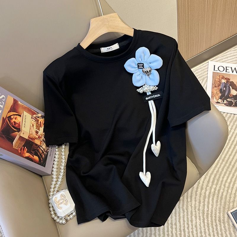 Áo Thun Tay Ngắn Màu Trắng Họa Tiết Hoa Thời Trang Mùa Hè Cho Nữ